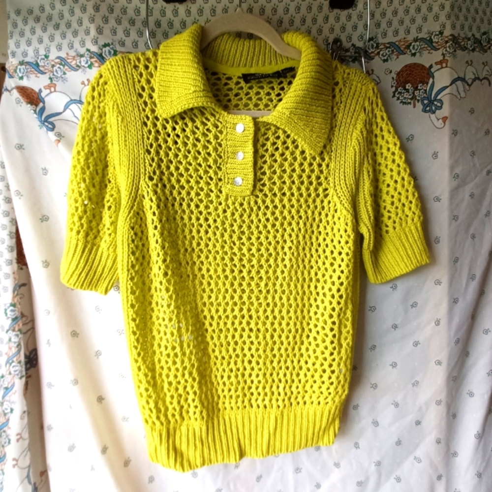 Maximalist Whimsigoth Green-Yellow Knit Short Sleeve Sweater